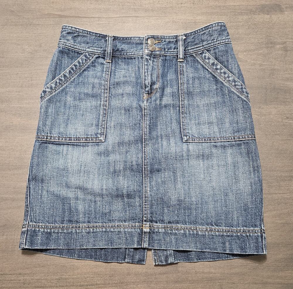 Ann Taylor Loft Mini Jean Skirt Womens 2 Flat Front Zip Flap Pockets Denim Blue